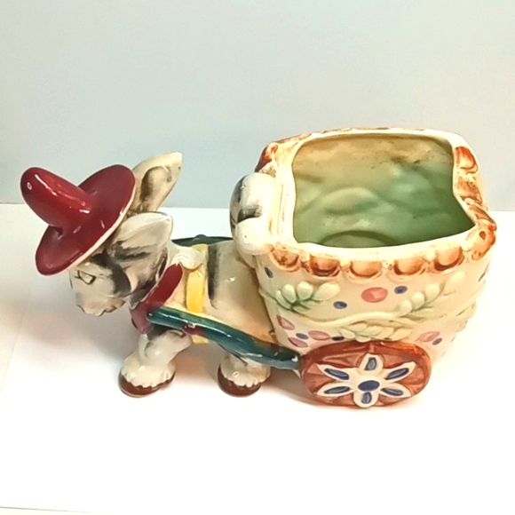 Large vintage ceramic donkey pulling cart planter, hand painted. No flaws - Picture 5 of 8